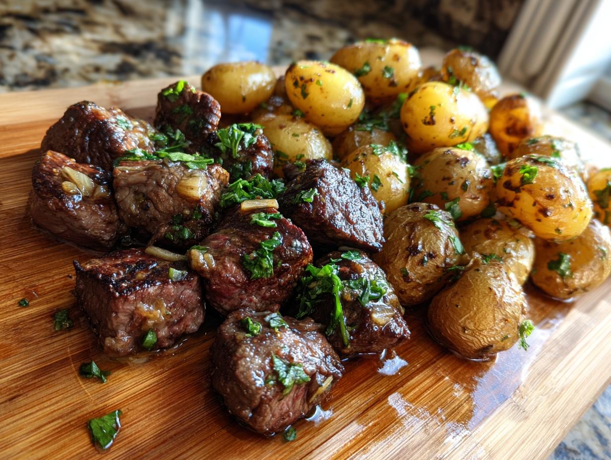 Close-up of juicy garlic steak bites and roasted baby potatoes, garnished with fresh parsley, on a wooden board.