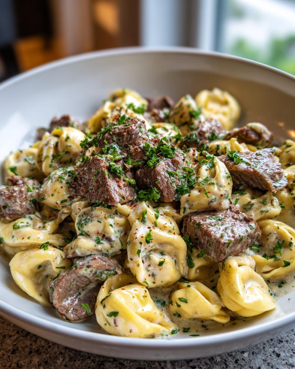 A close-up of a white bowl filled with Garlic Steak Tortellini in a creamy sauce, topped with fresh parsley.