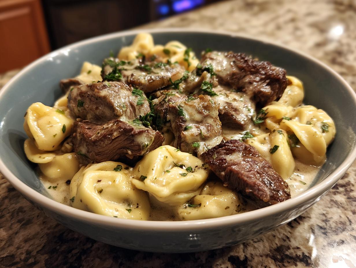 A close-up of a blue bowl filled with Garlic Steak Tortellini, featuring tender steak pieces and tortellini pasta in a rich, creamy sauce, garnished with parsley.