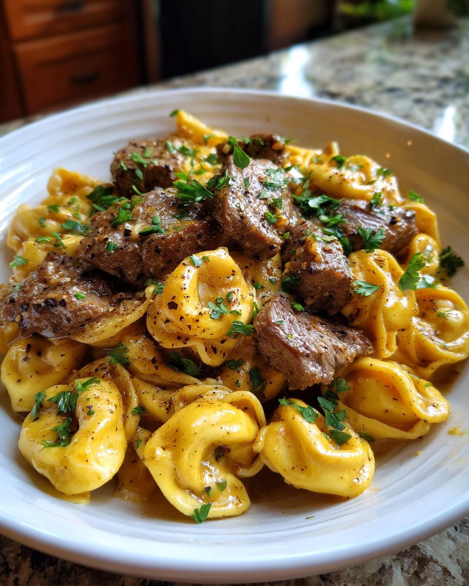 A close-up of Garlic Steak Tortellini, featuring tender steak pieces and cheese tortellini in a creamy sauce, topped with fresh parsley.