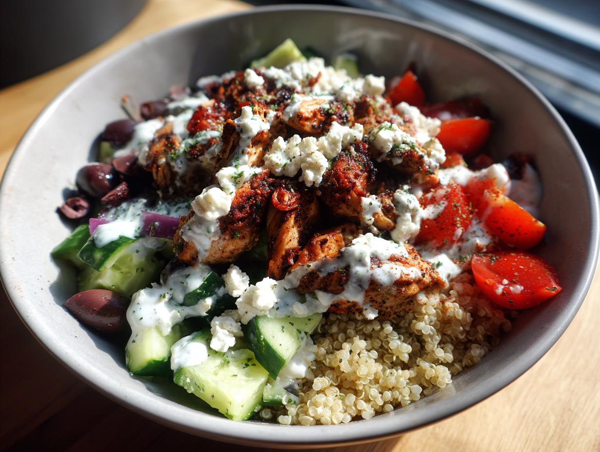 A close-up of a vibrant Greek Chicken Bowl featuring seasoned chicken, quinoa, cucumber, tomatoes, olives, and feta cheese.