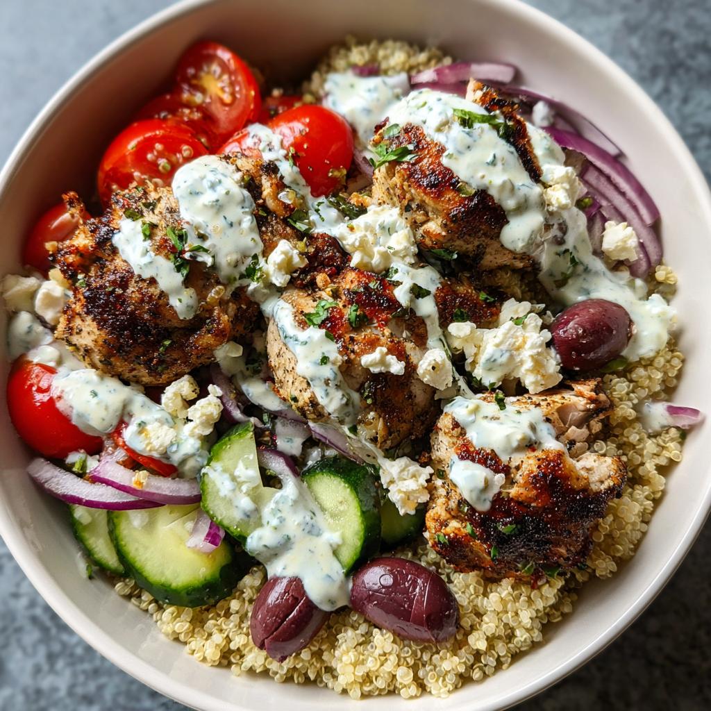 A close-up of a healthy Greek Chicken Bowl with quinoa, grilled chicken, tomatoes, cucumbers, olives, feta, and tzatziki sauce.