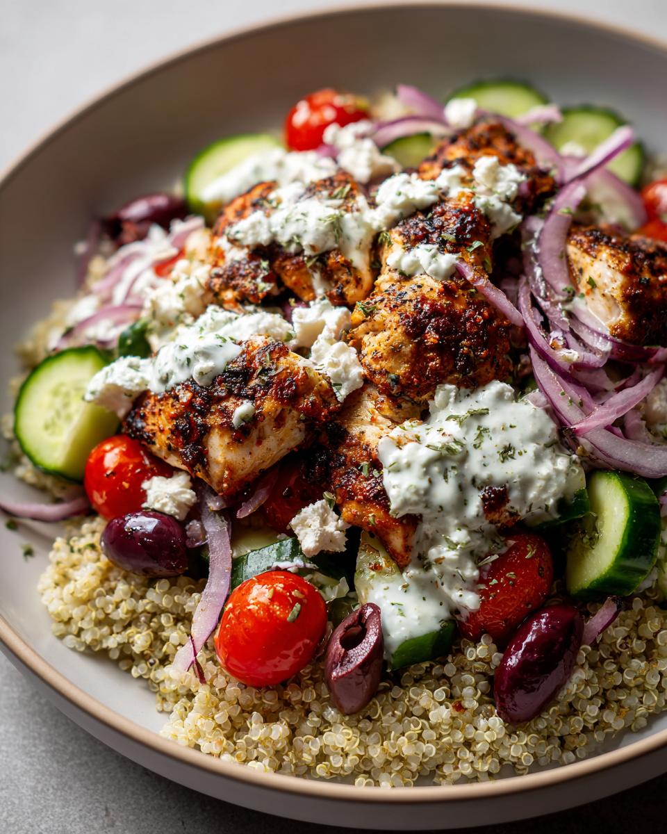 A delicious bowl of Greek Chicken Bowls, featuring seasoned chicken, quinoa, cucumber, tomatoes, red onion, olives, and feta cheese with a drizzle of sauce.