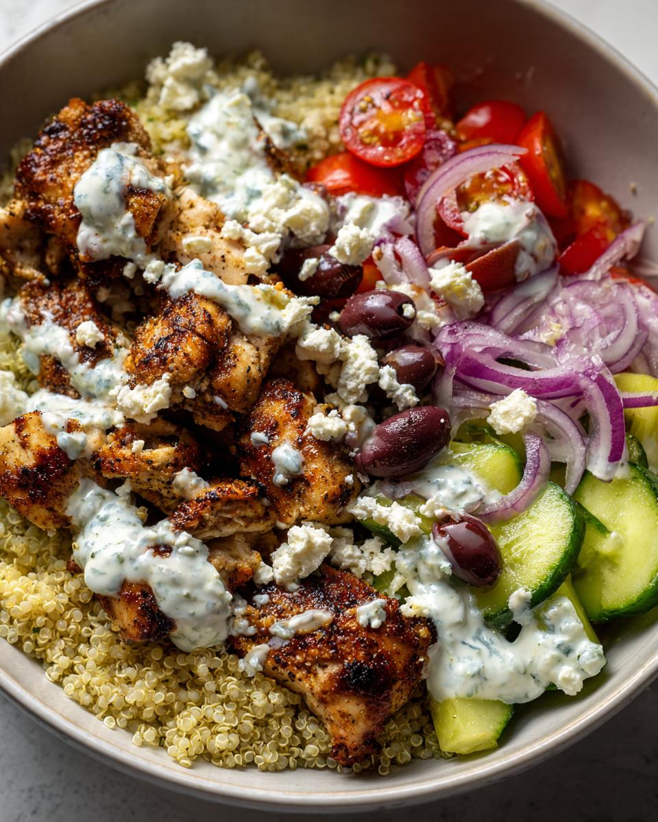 Close-up of a Greek Chicken Bowl featuring seasoned chicken, quinoa, cucumber, tomatoes, red onion, olives, feta, and tzatziki sauce.