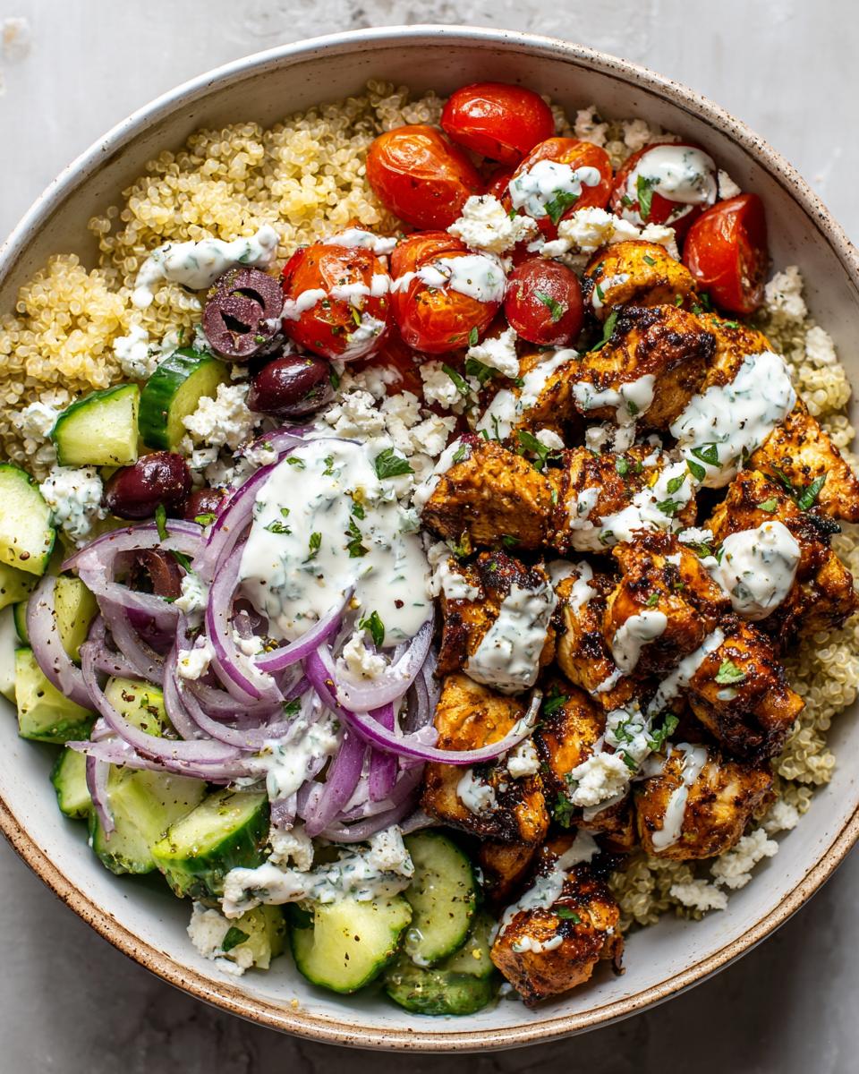 Overhead view of Greek Chicken Bowls with quinoa, grilled chicken, cherry tomatoes, cucumbers, red onion, olives, and feta cheese.