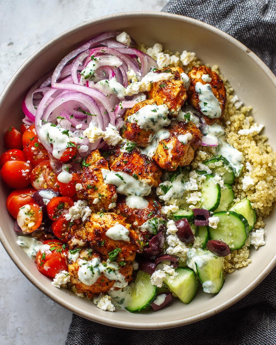 A close-up of a Greek Chicken Bowl featuring seasoned chicken, quinoa, cherry tomatoes, cucumber, red onion, olives, feta, and tzatziki sauce.