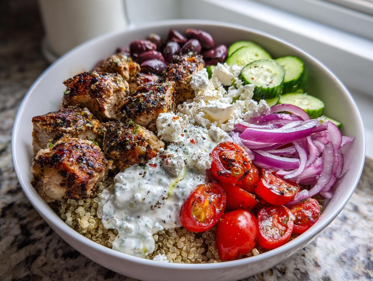 A vibrant bowl of Greek Chicken Bowls featuring seasoned chicken, quinoa, feta, olives, cucumbers, tomatoes, and tzatziki sauce.