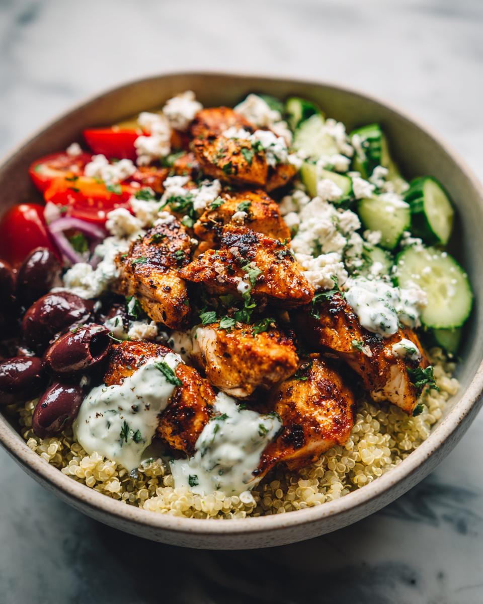 A close-up of a Greek Chicken Bowl filled with quinoa, seasoned chicken, cucumbers, tomatoes, olives, and feta cheese.