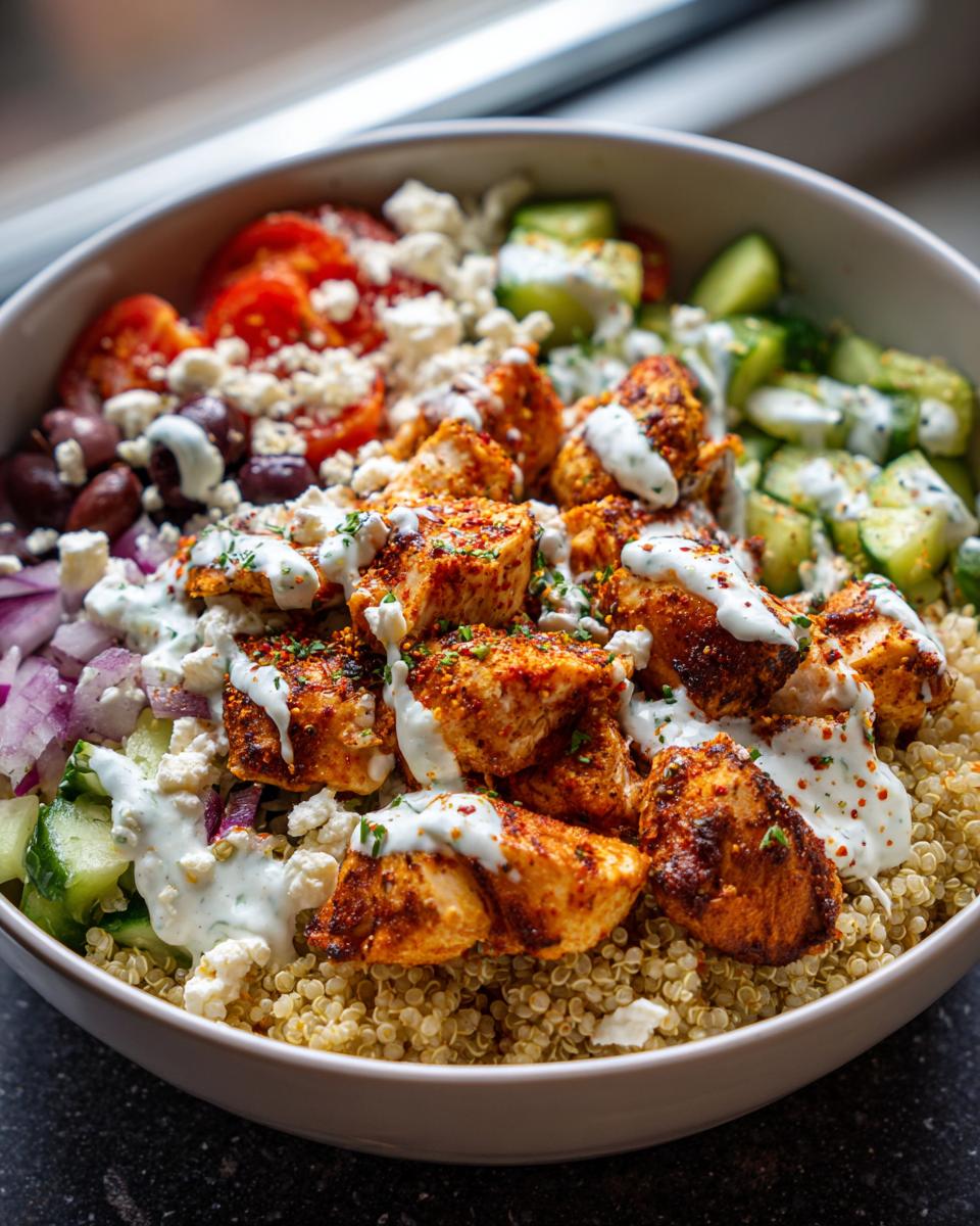 A close-up of a vibrant Greek Chicken Bowl filled with seasoned chicken, quinoa, cucumber, tomatoes, red onion, olives, and feta cheese, drizzled with tzatziki sauce.