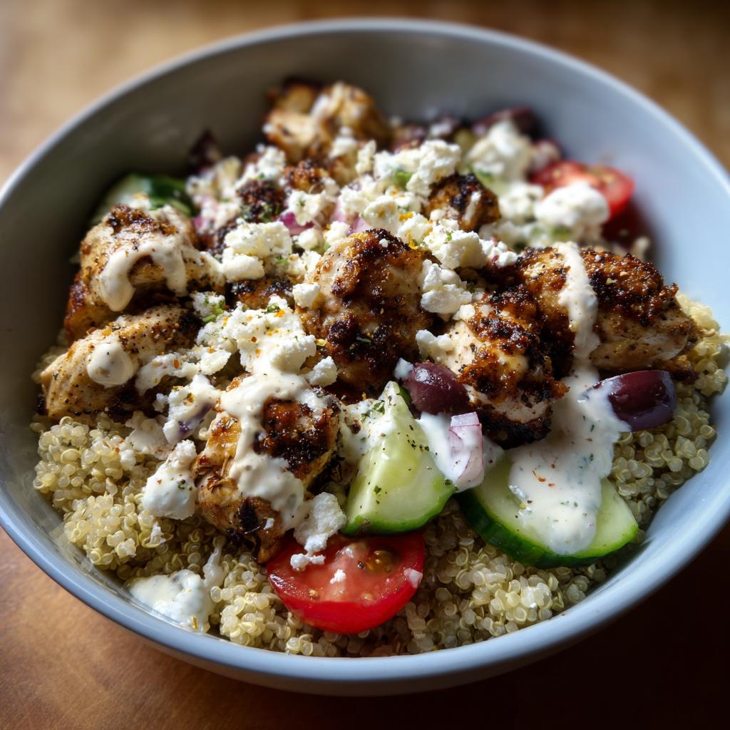 A close-up of a Greek Chicken Bowl featuring seasoned chicken, quinoa, cucumber, tomatoes, olives, feta cheese, and a creamy dressing.
