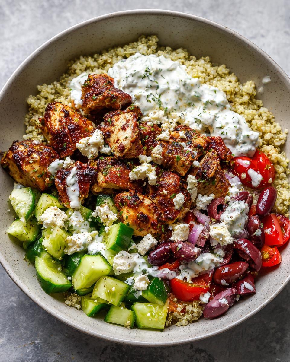 A close-up of a Greek Chicken Bowl featuring seasoned chicken, quinoa, cucumber, tomatoes, olives, feta, and tzatziki sauce.