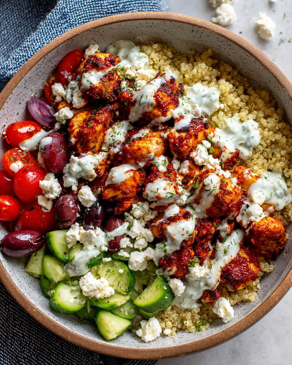 Close-up of a vibrant Greek Chicken Bowl featuring seasoned chicken, quinoa, cherry tomatoes, olives, cucumber, and feta cheese.