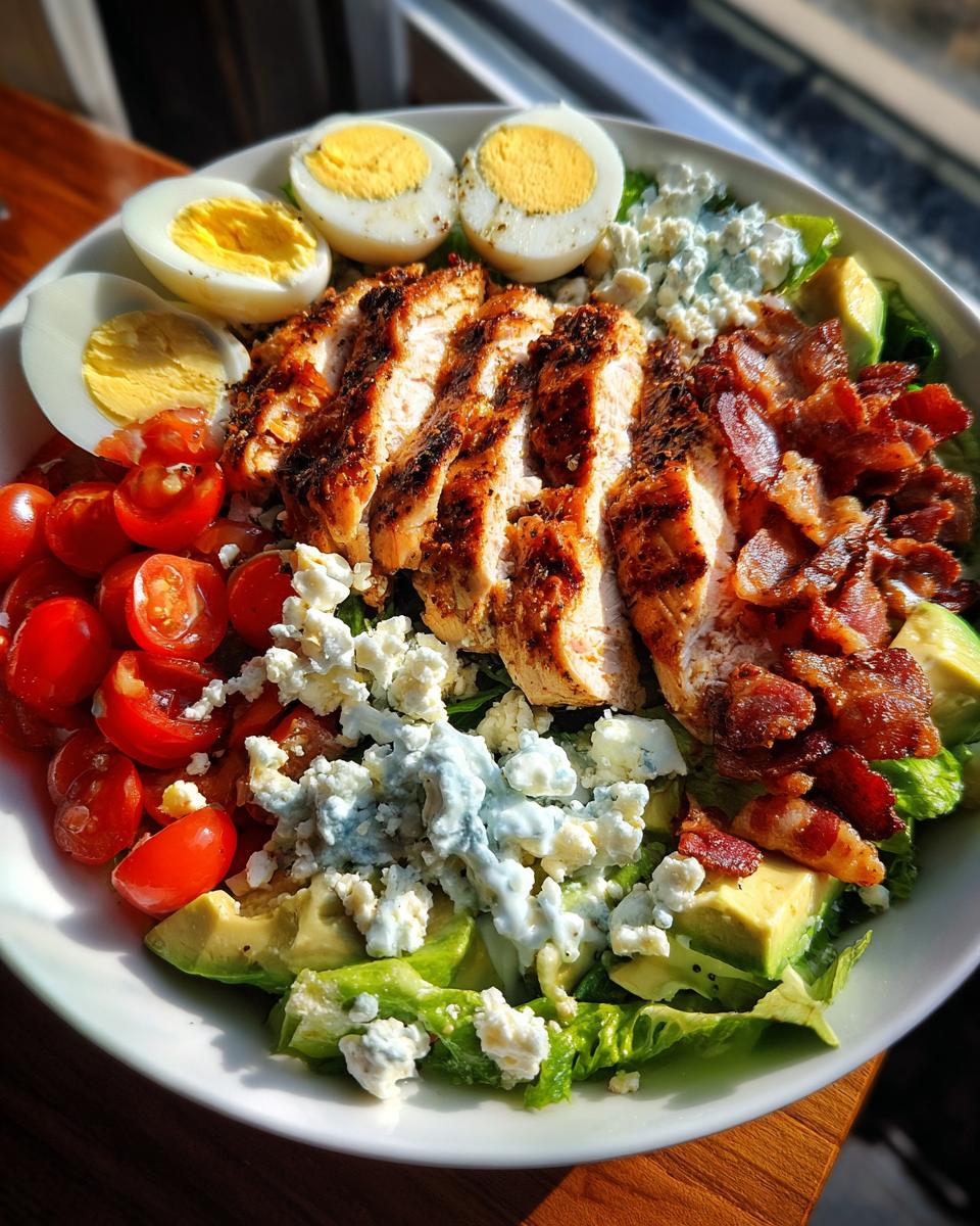 A vibrant grilled chicken Cobb salad bowl with sliced chicken, hard-boiled eggs, cherry tomatoes, avocado, bacon, and blue cheese.