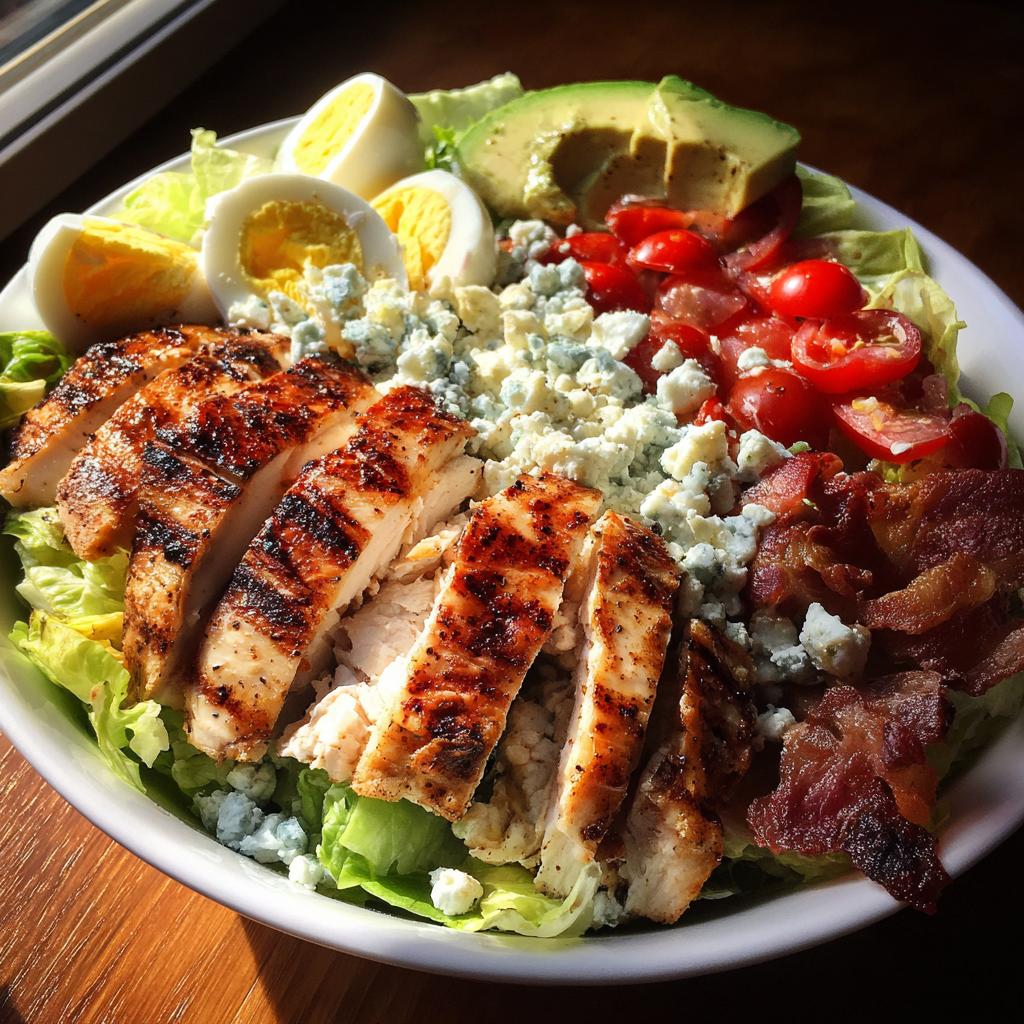 A delicious grilled chicken Cobb salad bowl with avocado, hard-boiled eggs, blue cheese, bacon, and cherry tomatoes.