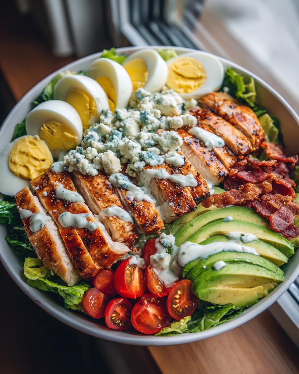 A vibrant grilled chicken Cobb salad bowl with avocado, tomatoes, eggs, bacon, and blue cheese, perfect for summer salad recipes.