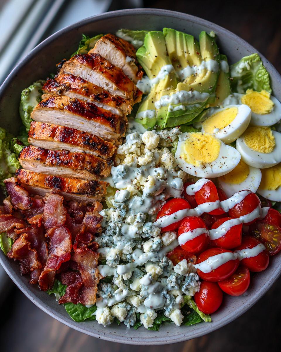 A delicious grilled chicken Cobb salad bowl with avocado, bacon, eggs, tomatoes, and blue cheese.