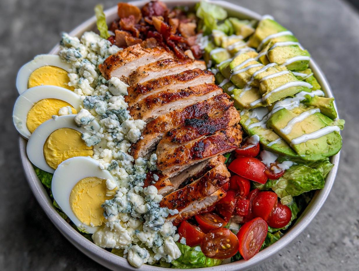 A vibrant grilled chicken Cobb salad bowl with sliced chicken, avocado, hard-boiled eggs, blue cheese, bacon, and tomatoes.