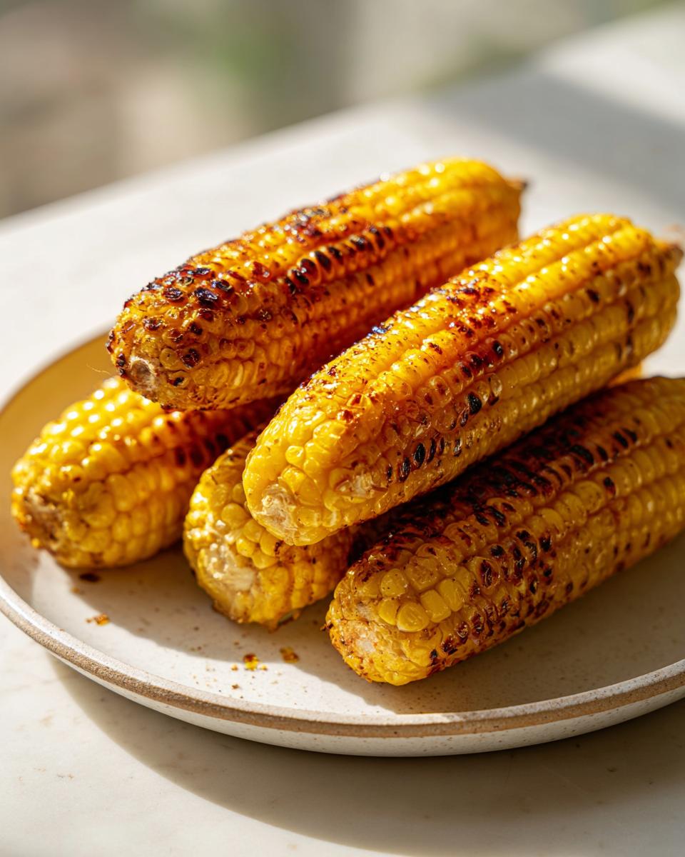 A close-up of several ears of grilled corn on the cob, with visible char marks and golden kernels.