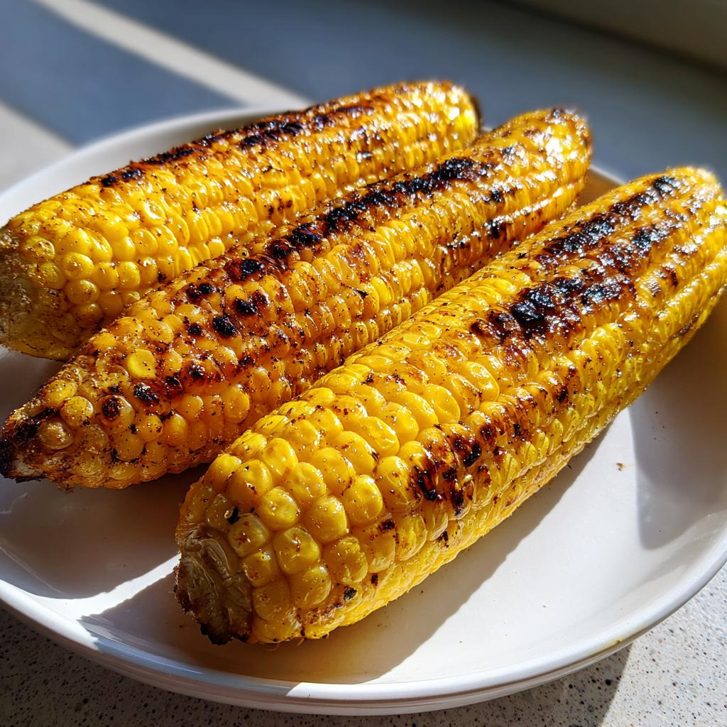 Three ears of perfectly grilled corn on the cob with char marks, ready to be enjoyed.