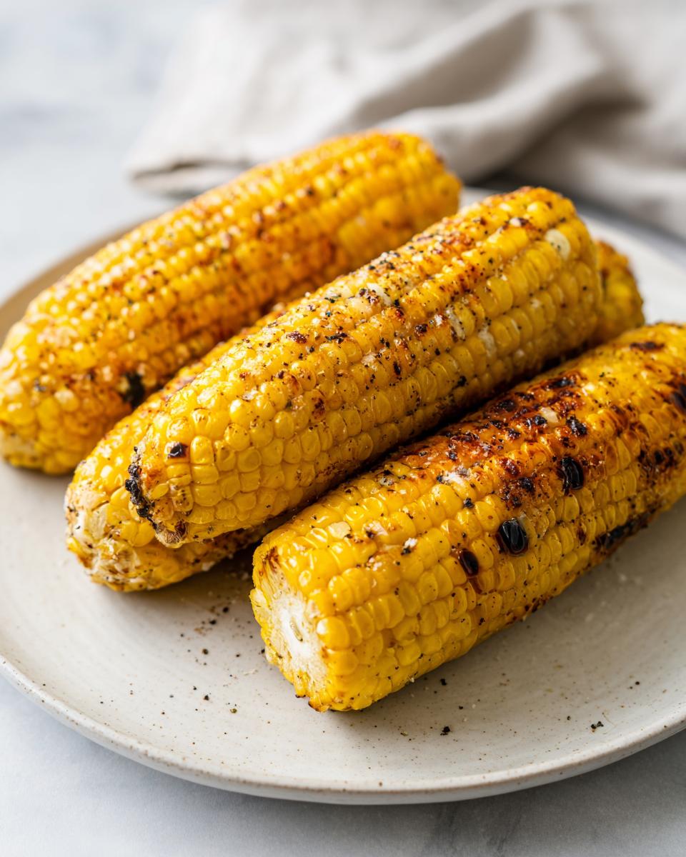 Close-up of three ears of grilled corn on the cob, seasoned with salt and pepper, on a plate.