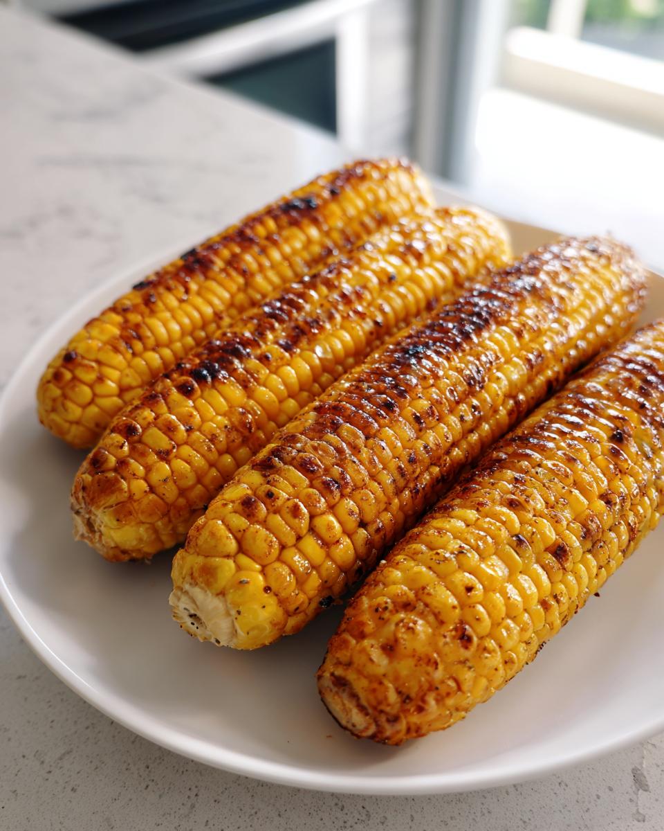 Four ears of perfectly grilled corn on the cob, seasoned and slightly charred, served on a white plate.