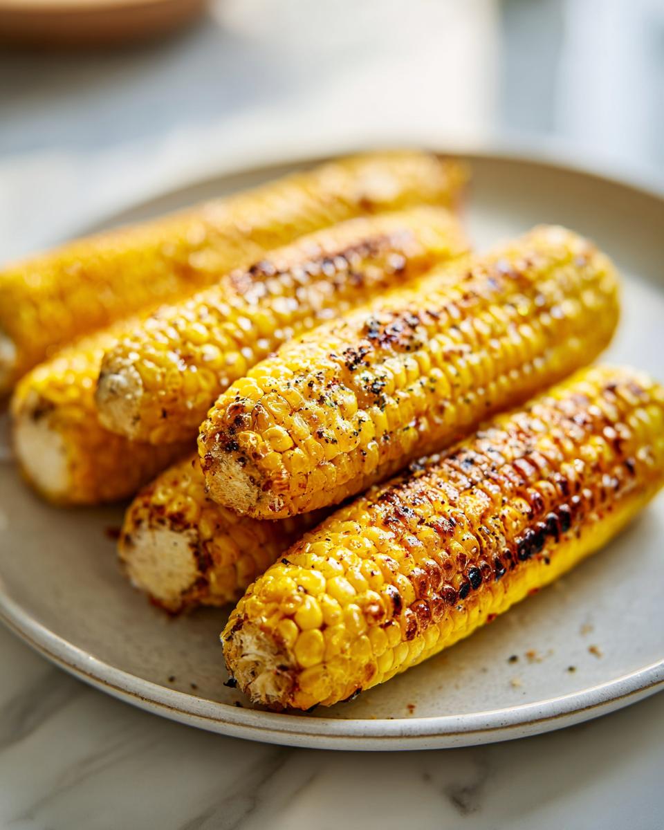 Close-up of grilled corn on the cob with char marks, seasoned with pepper and herbs, on a plate.