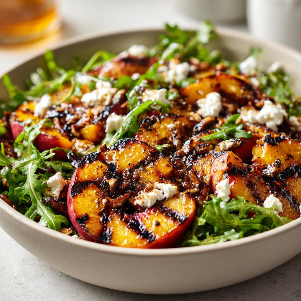 Close-up of a vibrant grilled peach salad with arugula, crumbled feta cheese, and a drizzle of honey dressing.
