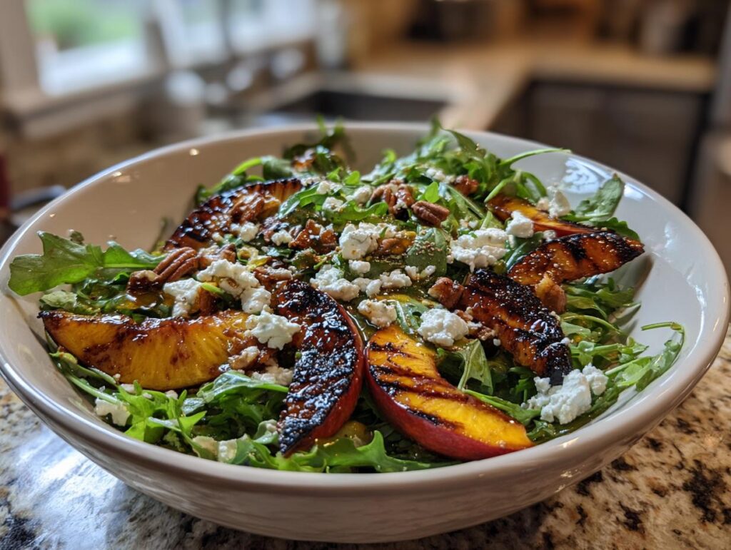 A refreshing grilled peach salad with arugula, feta cheese, pecans, and honey dressing.