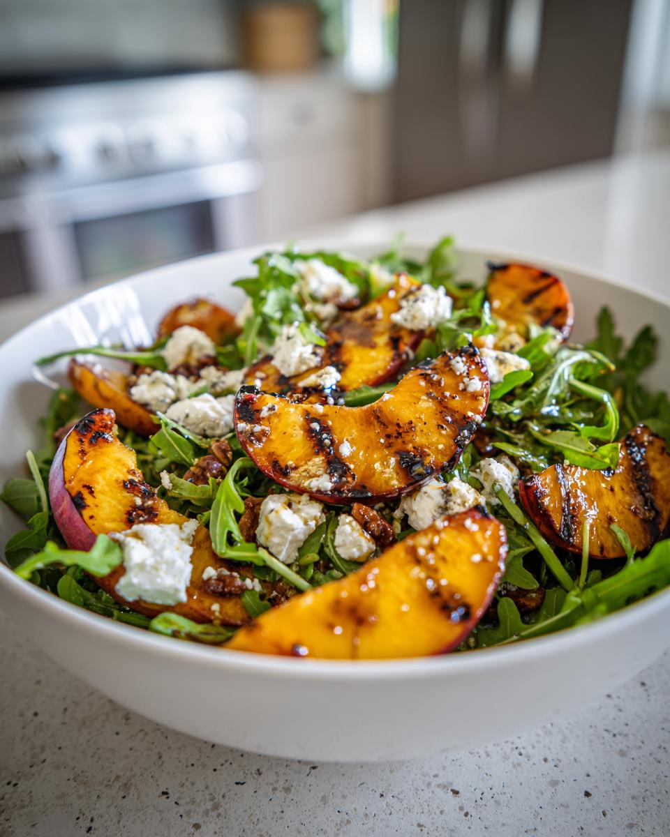 A vibrant bowl of grilled peach salad with arugula, crumbled cheese, and a drizzle of honey dressing.