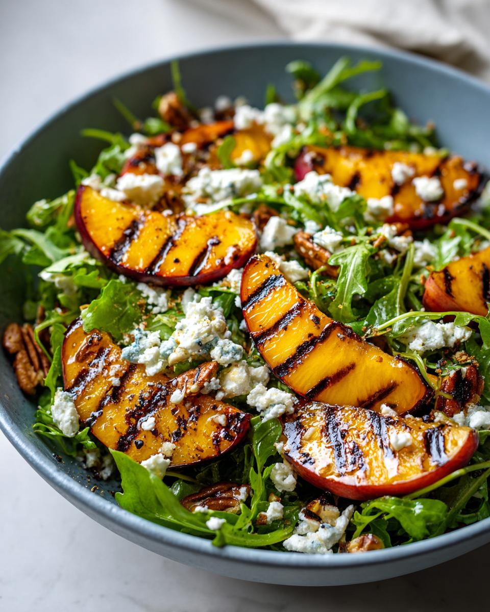 Close-up of a vibrant grilled peach salad with arugula, crumbled blue cheese, pecans, and a honey dressing.