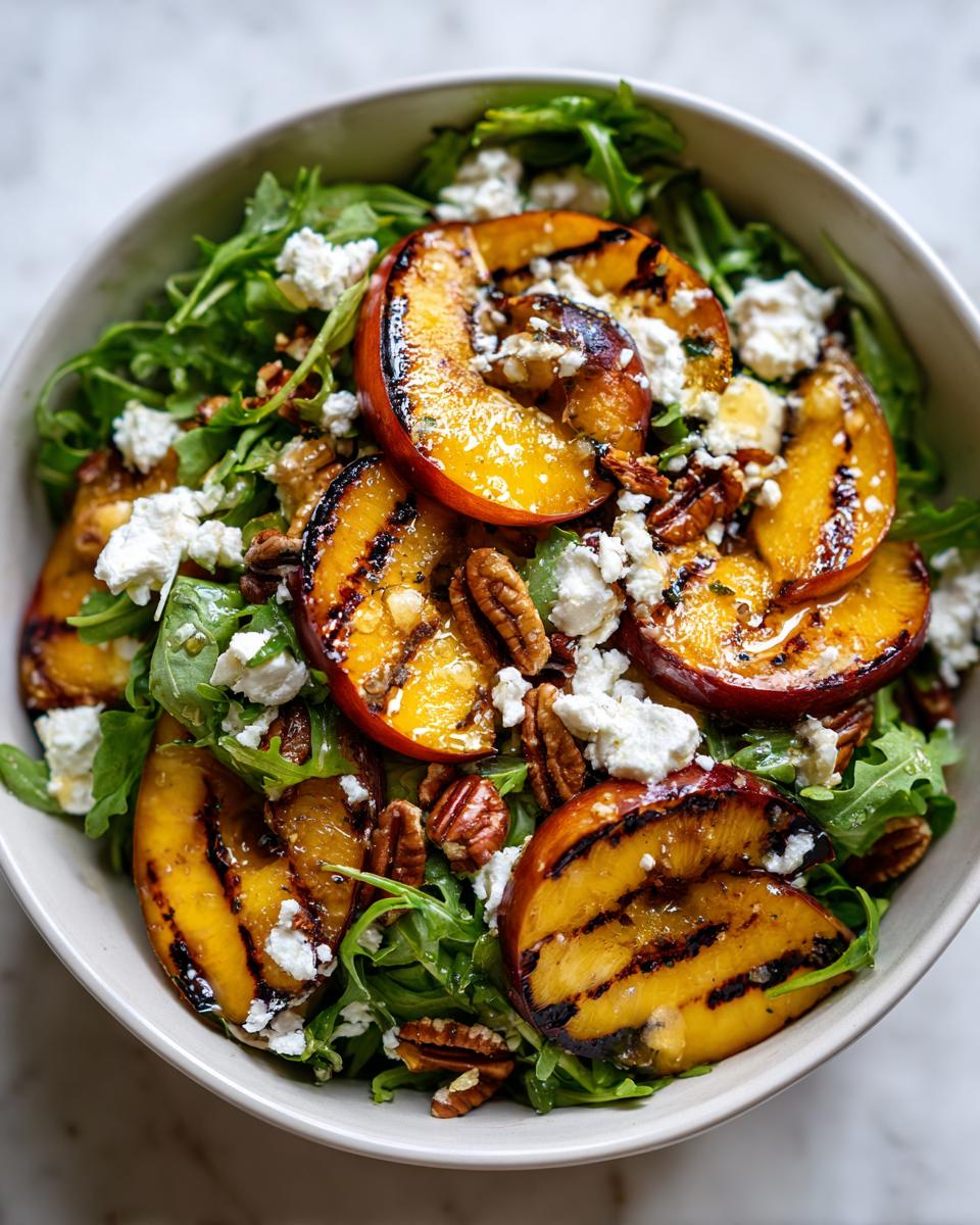A vibrant bowl of grilled peach salad with arugula, crumbled feta cheese, and pecans, drizzled with honey dressing.