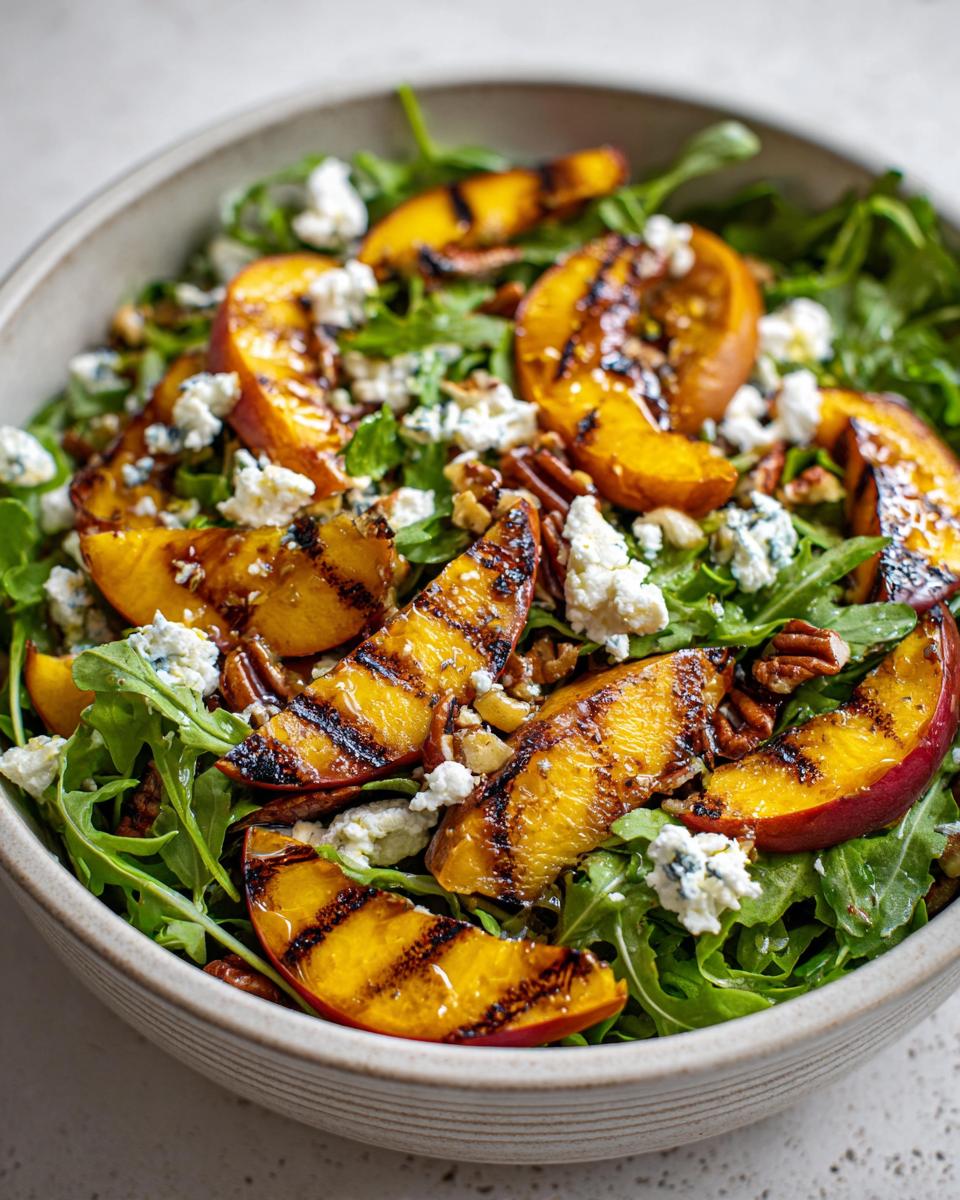Close-up of a vibrant grilled peach salad with arugula, crumbled blue cheese, and pecans, drizzled with honey dressing.