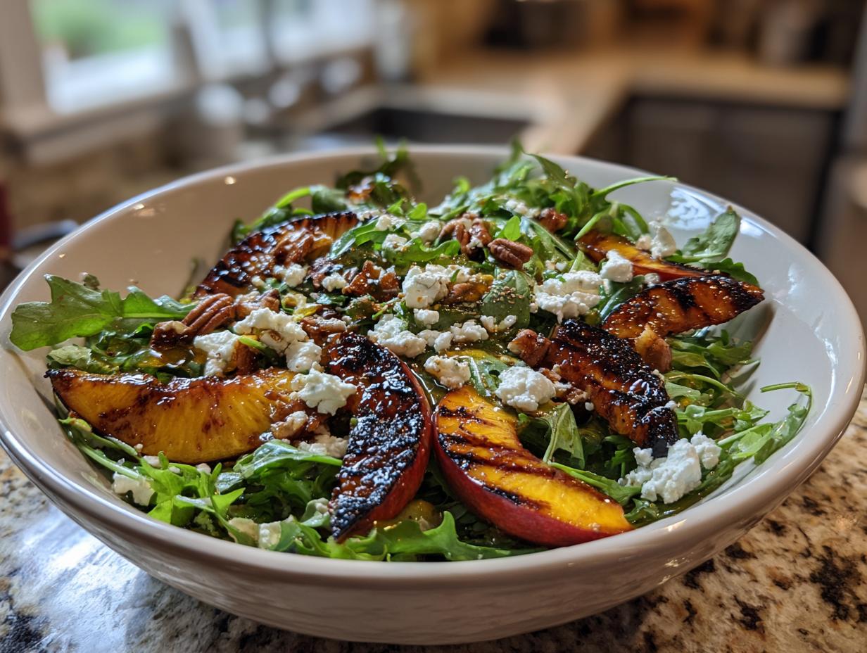 A refreshing grilled peach salad with arugula, feta cheese, pecans, and honey dressing.