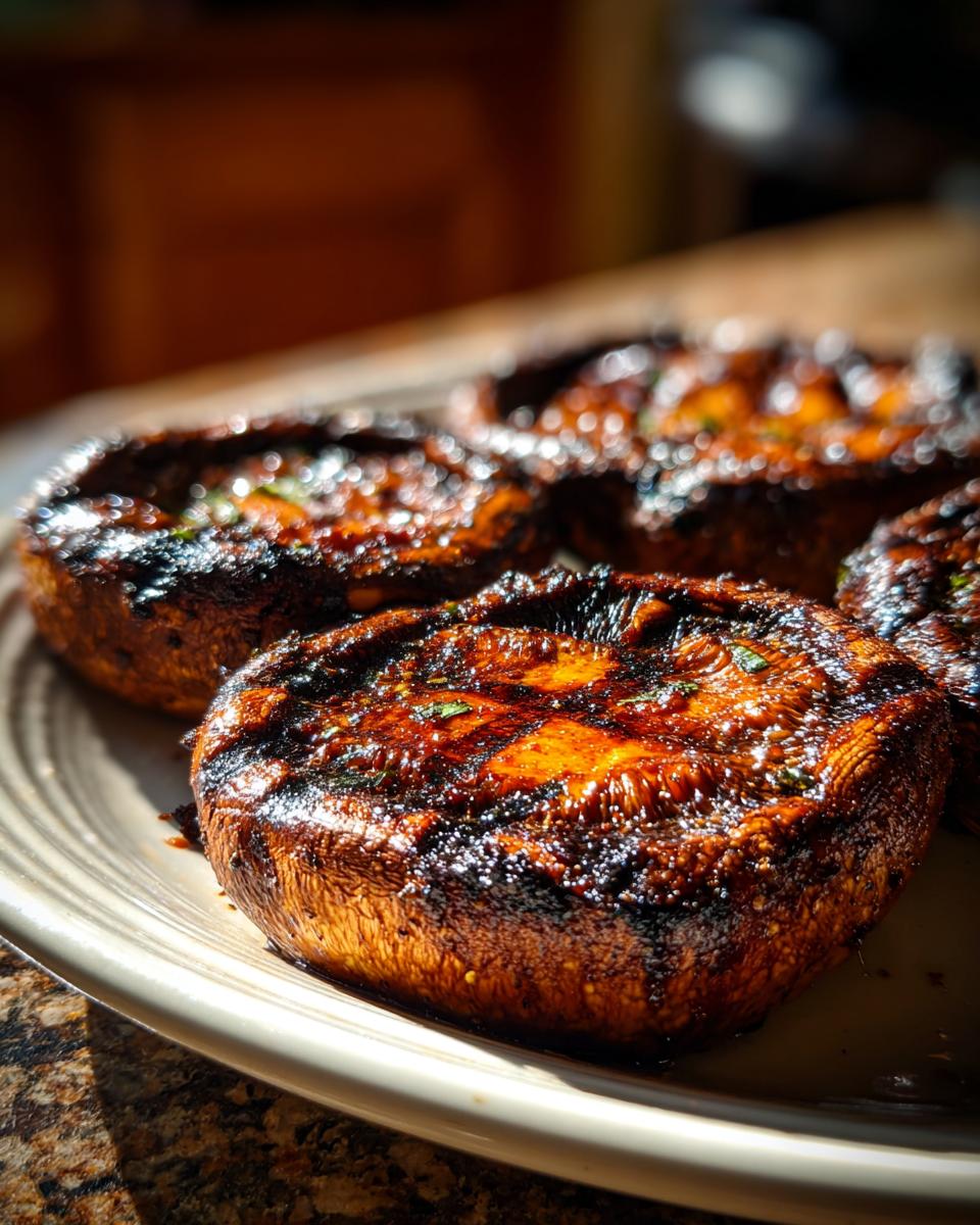 Close-up of perfectly grilled portobello mushrooms with grill marks and a glossy glaze, ready for an easy outdoor meal.
