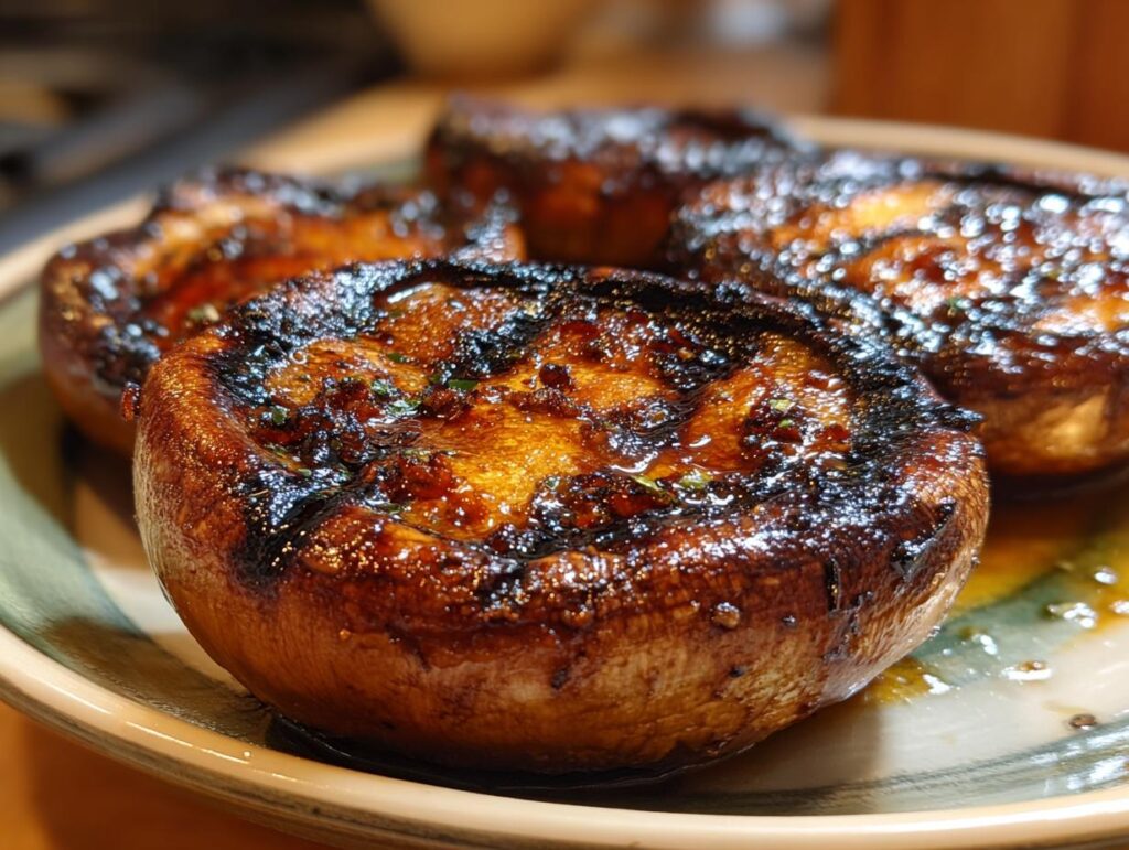Close-up of juicy, grilled portobello mushrooms with a glistening glaze, perfect for grilling recipes.