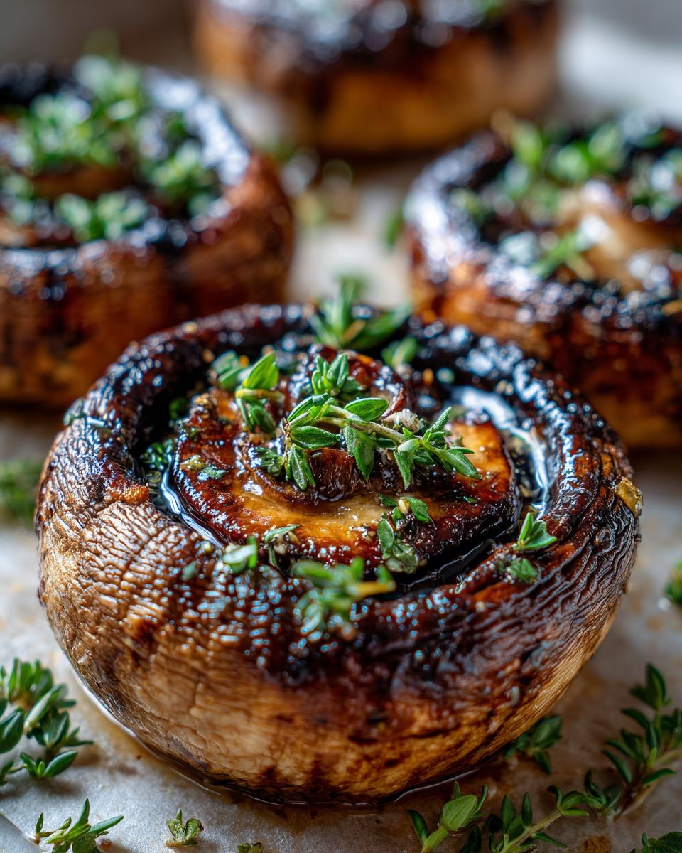 Close-up of grilled portobello mushrooms, glistening with marinade and topped with fresh thyme sprigs. Perfect for grilling recipes.
