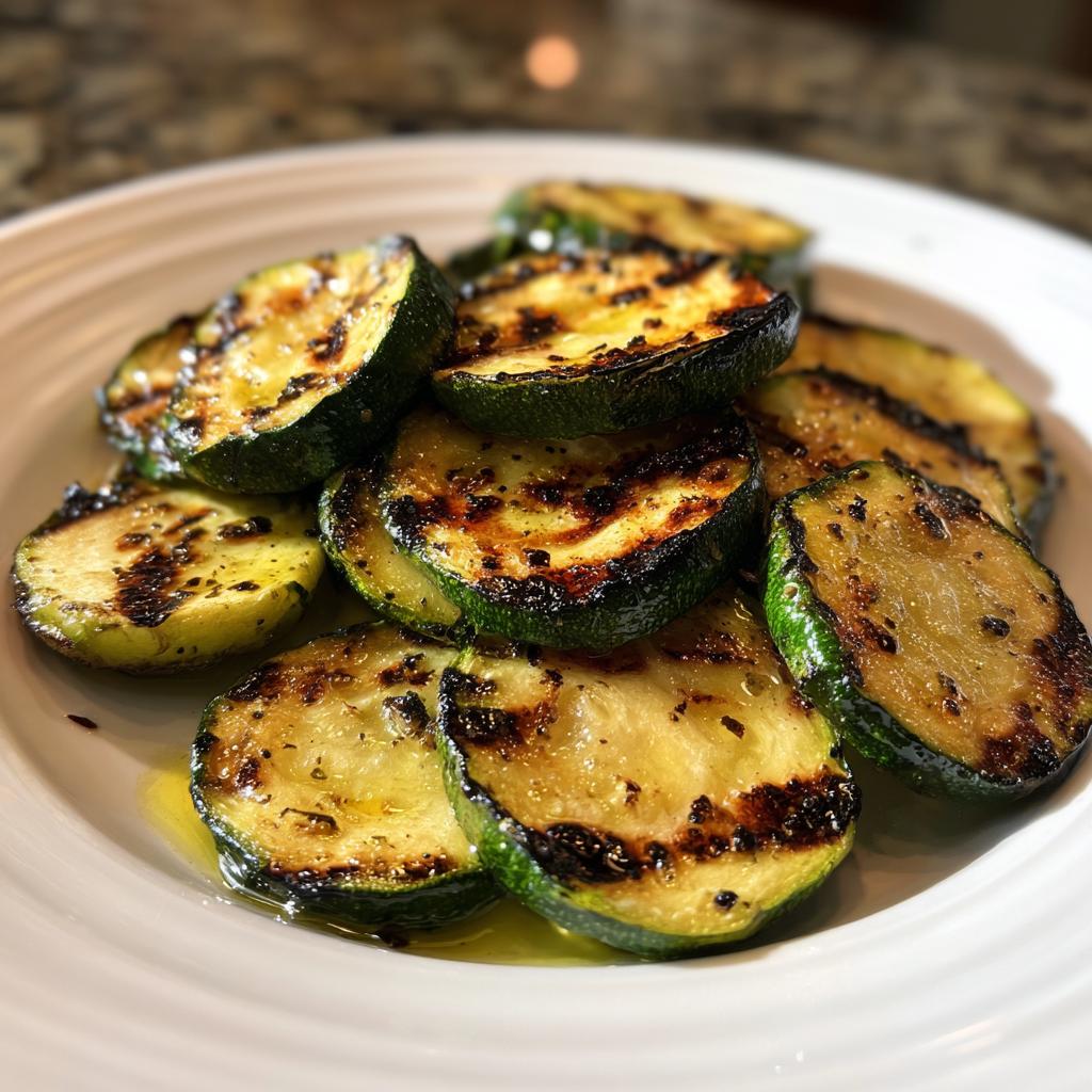 A close-up of perfectly grilled zucchini slices, showcasing beautiful grill marks and glistening with olive oil, a perfect side dish.