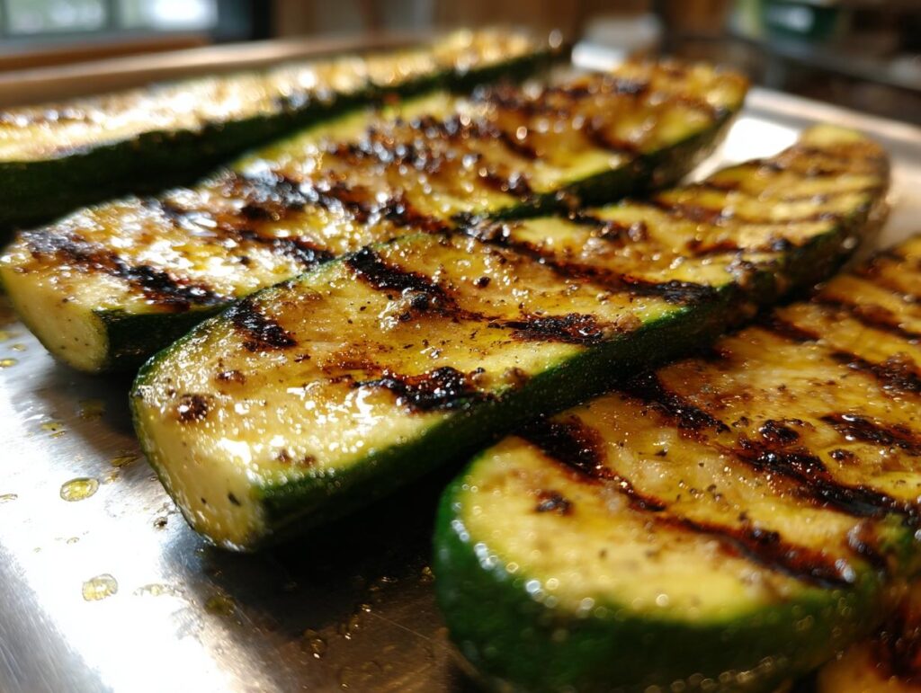 Close-up of perfectly grilled zucchini slices with char marks, showcasing them as a delicious side dish.
