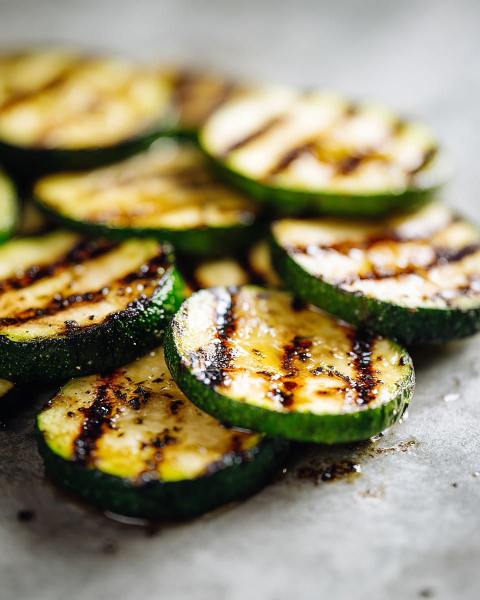 Close-up of perfectly grilled zucchini slices with distinct grill marks, seasoned and glistening.