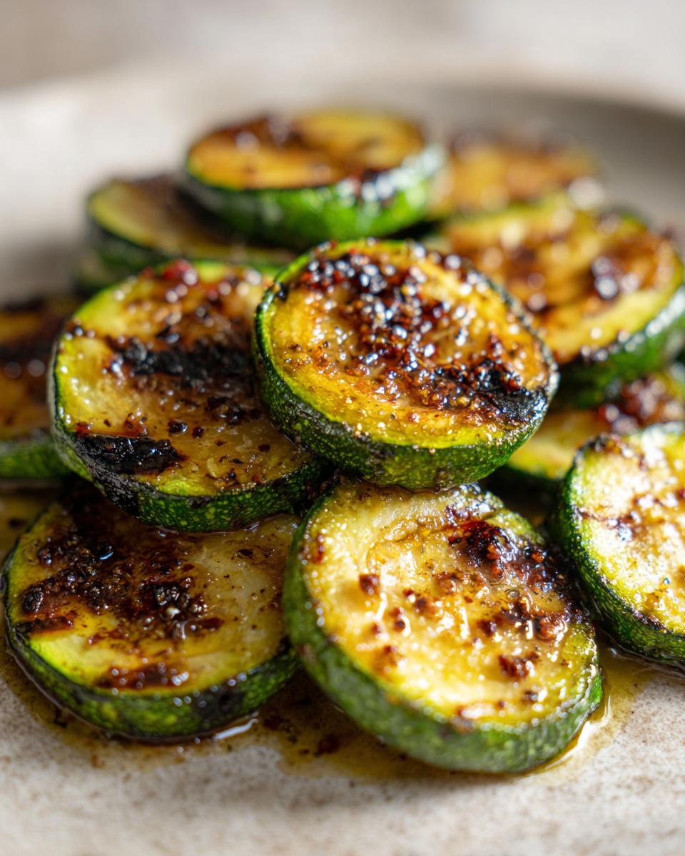 Close-up of perfectly grilled zucchini slices, seasoned and glistening.