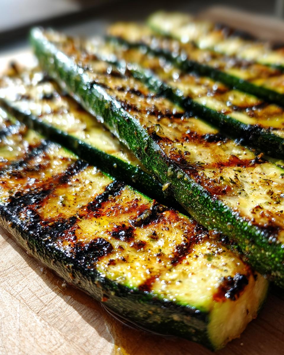 Close-up of perfectly grilled zucchini slices with char marks and seasoning, a delicious side dish.