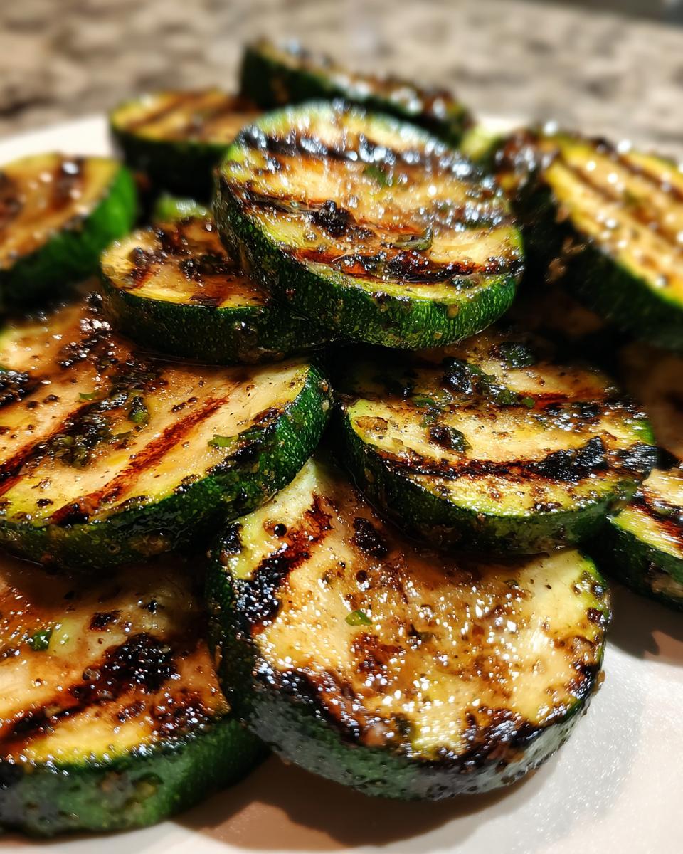Close-up of perfectly grilled zucchini slices, showcasing char marks and a glistening glaze, a perfect side dish.
