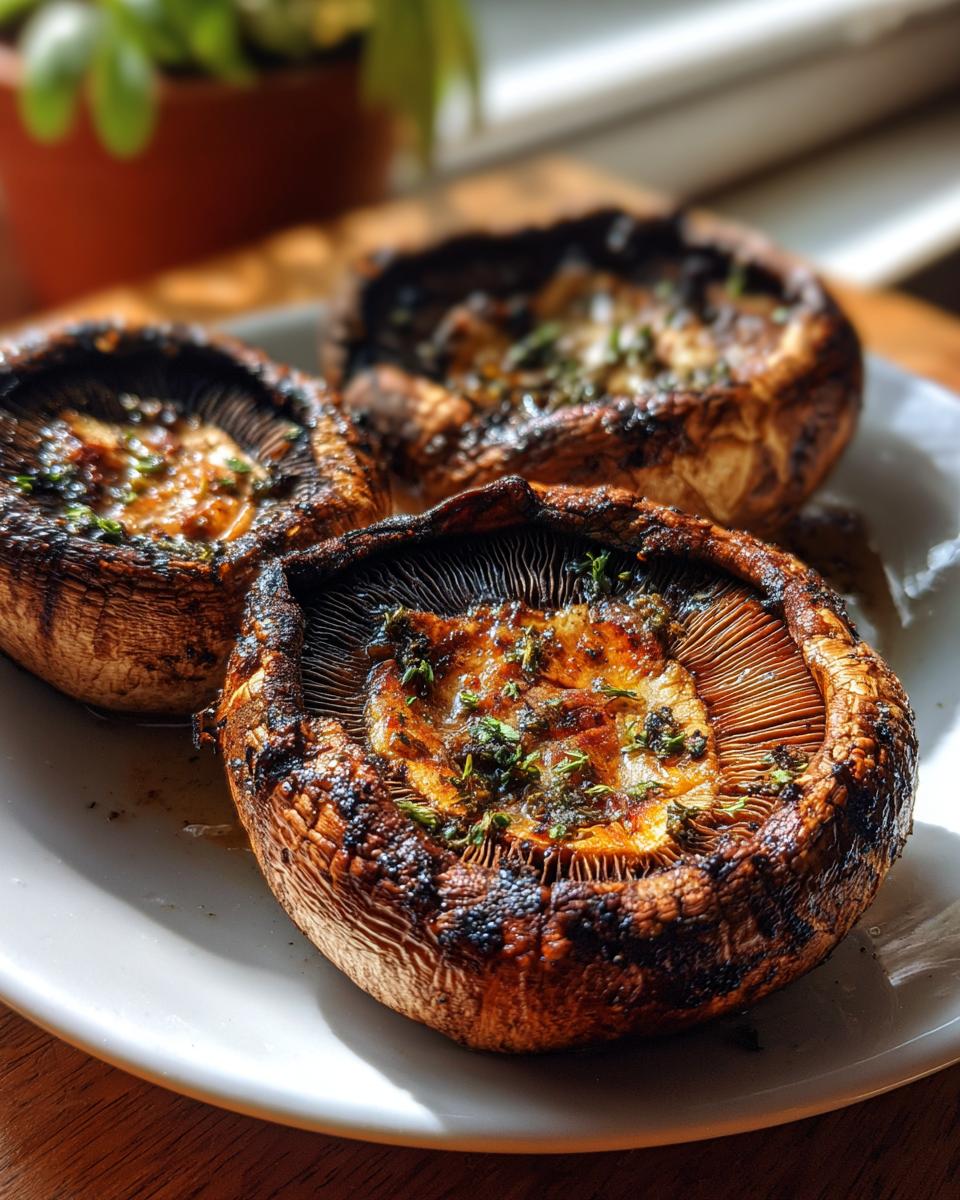 Three grilled portobello mushrooms stuffed with herbs, served on a white plate.