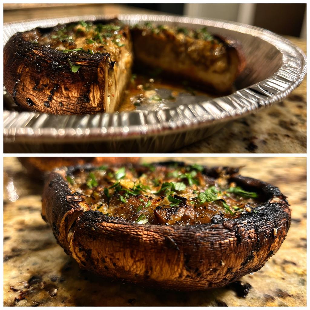 Close-up of a grilled portobello mushroom stuffed with a savory filling and topped with fresh parsley.