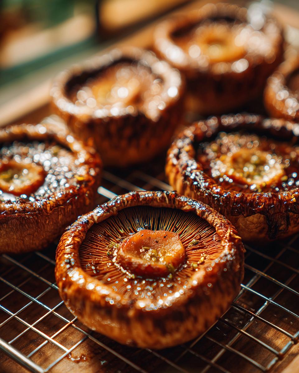 Close-up of delicious grilled portobello mushrooms, seasoned and ready for easy outdoor meals.