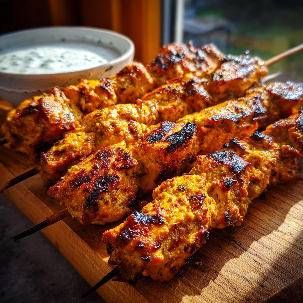 Close-up of smoky chicken skewers with char marks, served with garlic yogurt dip.