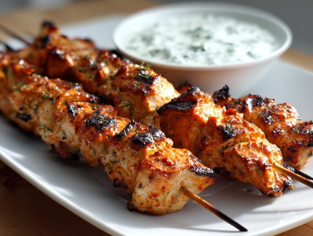 Close-up of grilled smoky chicken skewers served with a side of garlic yogurt dip.