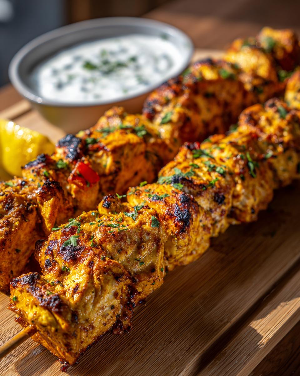 Close-up of smoky chicken skewers with a side of garlic yogurt dip and a lemon wedge.
