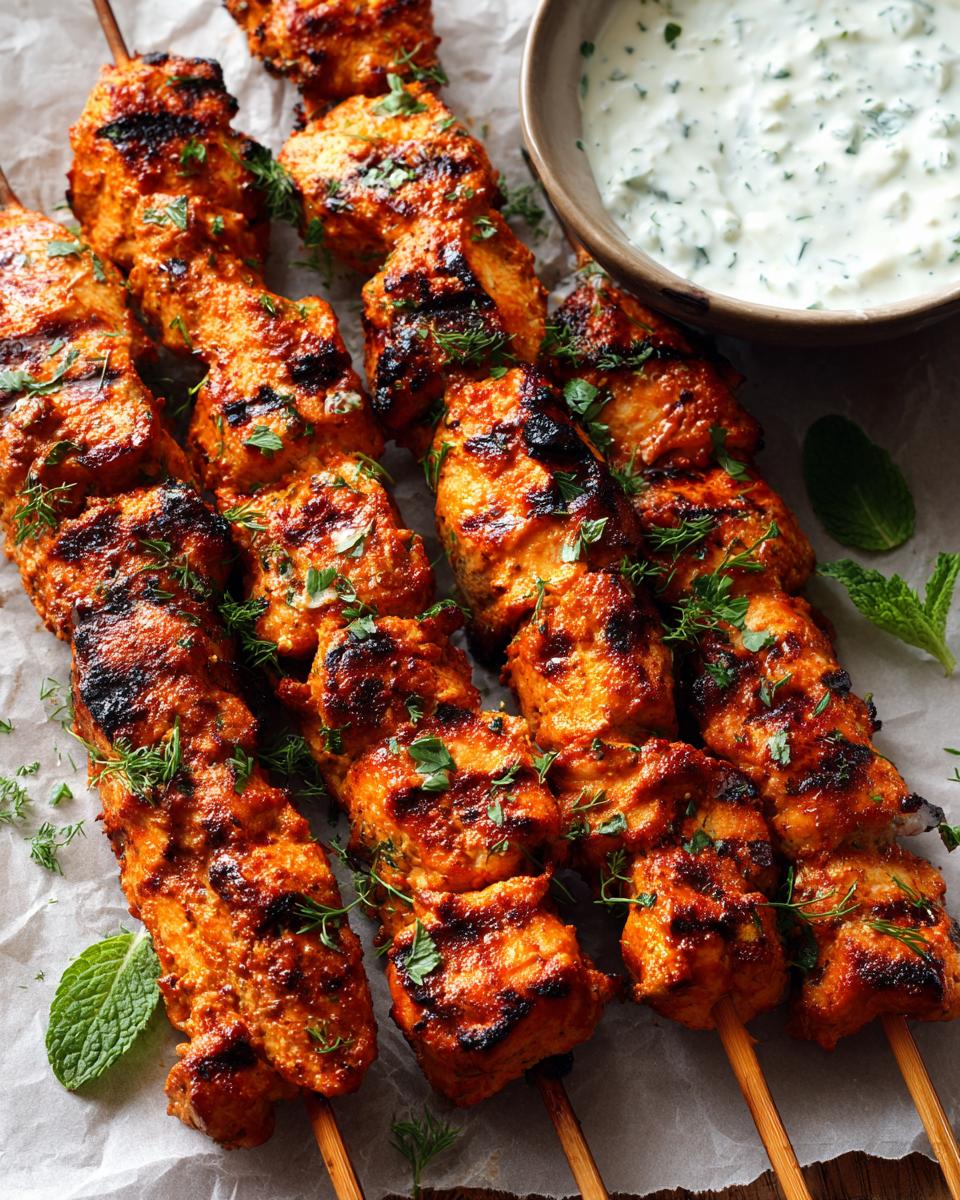 Close-up of smoky chicken skewers grilled to perfection, served with a side of garlic yogurt dip.