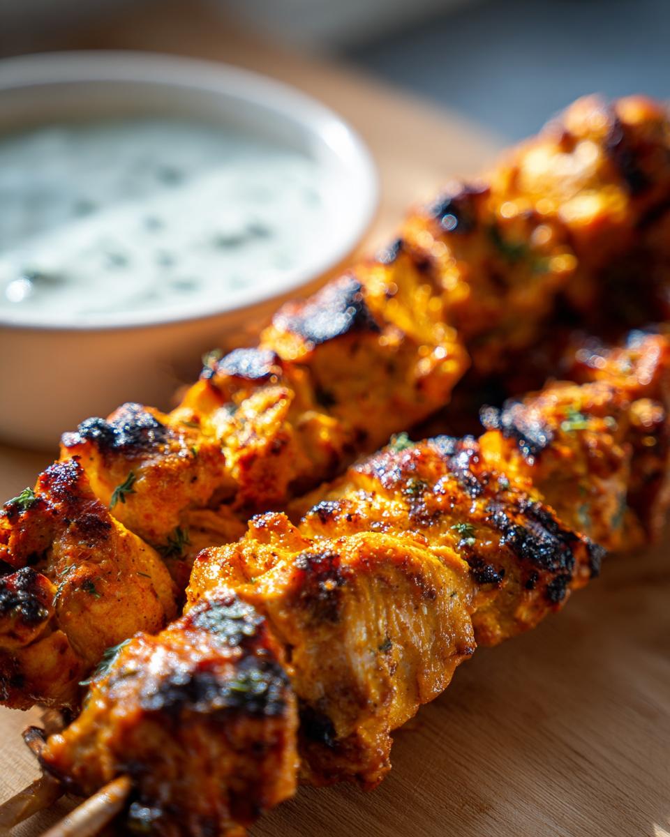 Close-up of perfectly grilled smoky chicken skewers with a side of creamy garlic yogurt dip.